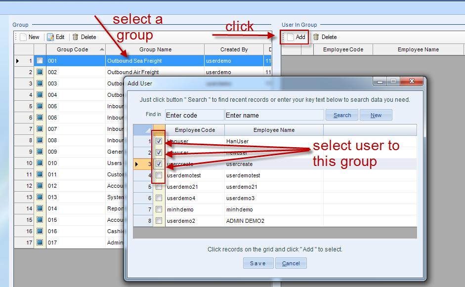 SMS Live Operation Manual - Tại cửa sổ đang mở User group, đưa con chuột đến nhóm bạn cần thêm người dùng vào, bấm chuột phải rồi chọn lệnh Add, hộp thư thoại thống kê tên của người dùng hiện ra.