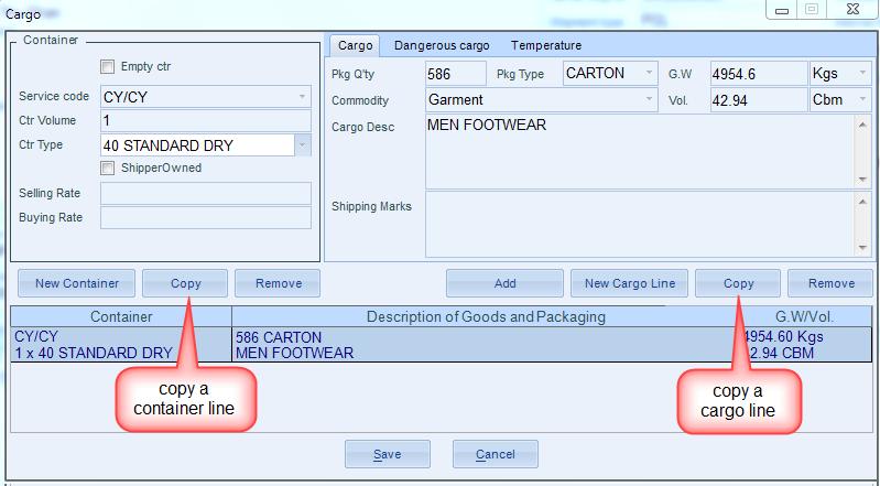 Chapter 4: Manage outbound shipments On the Cargo dialog, starting entry data as follows: - The left side is container information, user entry data for container first, then entry cargo detail