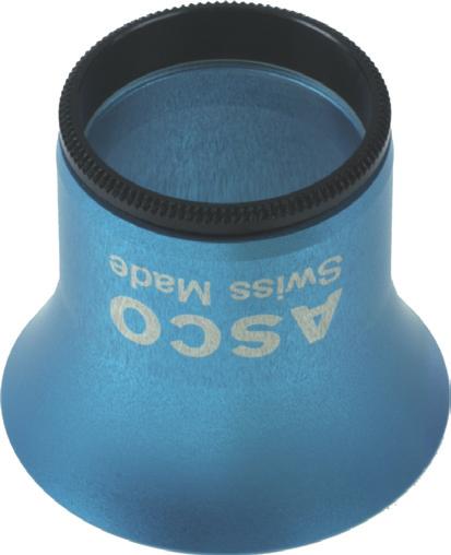 Av. du 1er Mars 33, CP 3052 Loupe ASCO for Watchmaker TYPE ALUMINIUM 25 mm diameter biconvex lens Frame: blue coated steel Ring: coated steel Conditions of sale: 0068 1 10 x