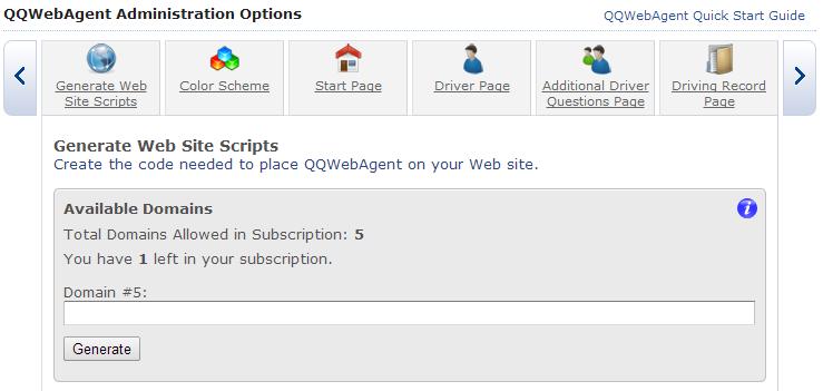 Click on My QQSolutions Account in the top-right corner. c. Select QQWebAgent Admin. d. Click the Generate Web site Script tab. Enter your corporate Web domain address or URL (for example: myagency.