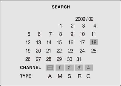 4. OPERATION - PLAYBACK The system has 7 methods of searching a recorded video. EVENT SEARCH Searching through the calendar, channel, and recoding mode.