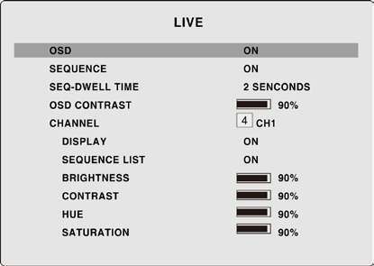 6-1. LIVE Item OSD SEQUENCE SEQ-DWELL TIME OSD CONTRAST CHANNEL DISPLAY SEQUENCE LIST BRIGHTNESS CONTRAST HUE SATURATION Description Enable/disable OSD (on-screen-display).
