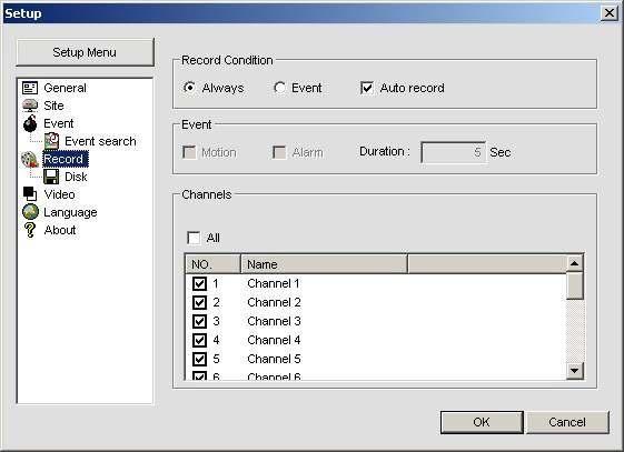 Setting Record Set the recording conditions and select channels