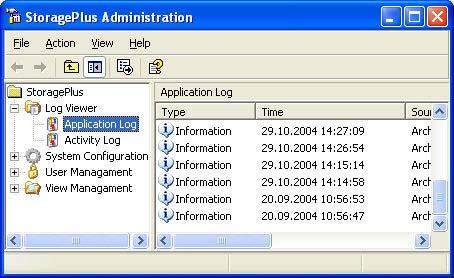 StoragePlus Administration Console 3.2 Log Viewer See also Log Viewer (Page 24) System Configuration (Page 26) User Management (Page 36) View Management (Page 38) 3.2 Log Viewer 3.2.1 Log Viewer General You can use the Log Viewer to view events generated by StoragePlus.