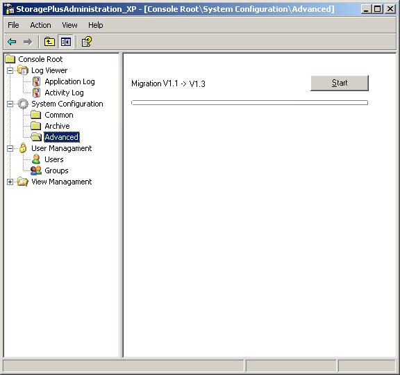StoragePlus Administration Console 3.3 System Configuration Procedure 1. Click the "Start" button in the "Migration V1.1 > V1.3" area of the "Advanced" dialog. 2.