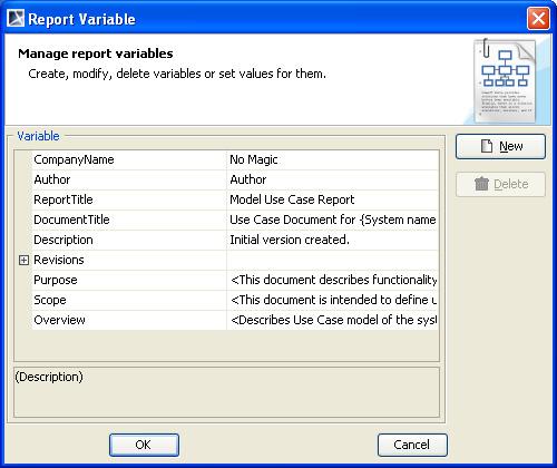 Generating Reports from Report Wizard Figure 81 -- The Variable Pane 5. Select the scope of the report in the open package tree.
