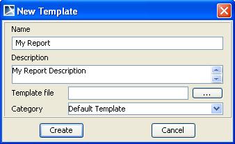 MagicDraw Report Wizard Overview To create a new template: 1. In the Report Wizard dialog, click the New button. The New Template dialog will open (Figure 3). Figure 3 -- New Template Dialog 2.