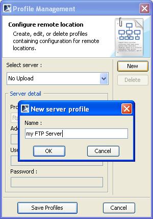 Generating Reports from Report Wizard Figure 115 -- New Server Profile Dialog 3. Fill in the details of the profile by choosing a Protocol and filling in a URL address.