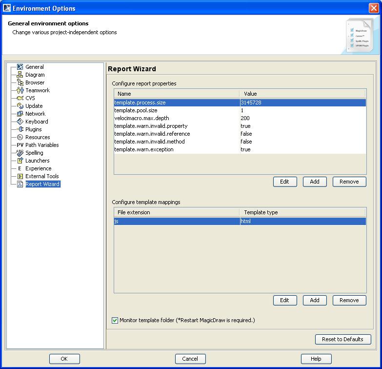 Report Wizard Environment Options Figure 137 -- Report Wizard GUI Configuration in MagicDraw Environment Options Dialog 10.