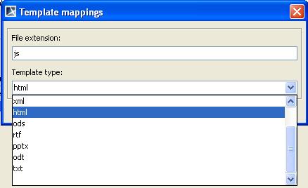 Report Wizard Environment Options (iii) Remove button Figure 143 -- Editing Template Mapping in the Template Mappings Dialog 2. Edit the filename extension and template type.