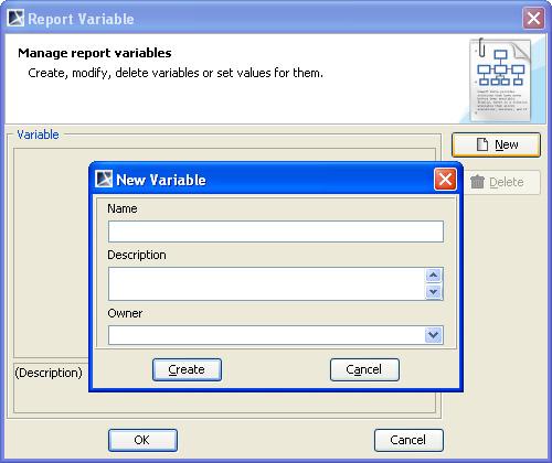 MagicDraw Report Wizard Overview Figure 35 -- New Variable Dialog (i) To create a parent variable, type the variable name in the Name