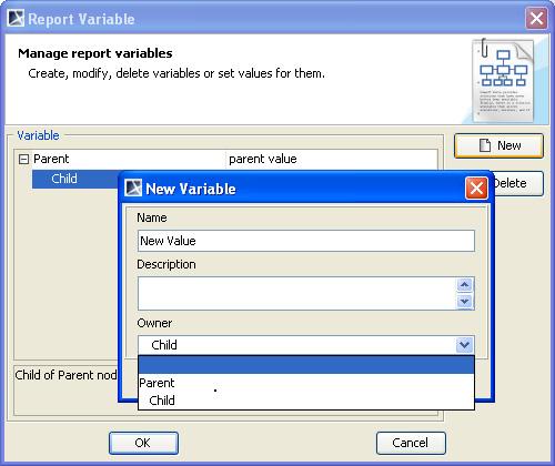 MagicDraw Report Wizard Overview Figure 36 -- Creating a Parent Variable (ii) To create a child variable, type the variable name in the