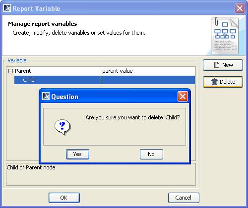 MagicDraw Report Wizard Overview Figure 39 -- Deleting Variable 3. Click Yes and the variable will then be deleted.