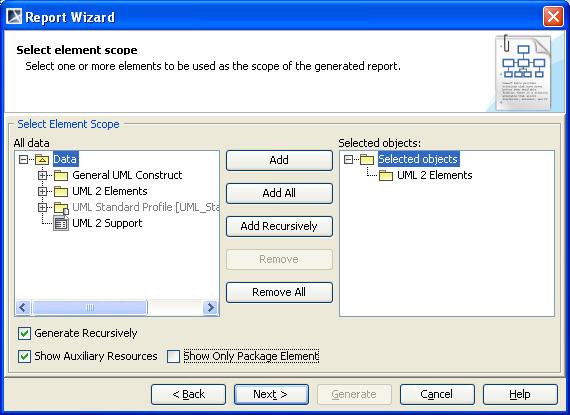 MagicDraw Report Wizard Overview 1.1.2.3 Select Element Scope Pane The Select Element Scope pane (Figure 46) allows you to select the scope of MagicDraw data to generate reports.