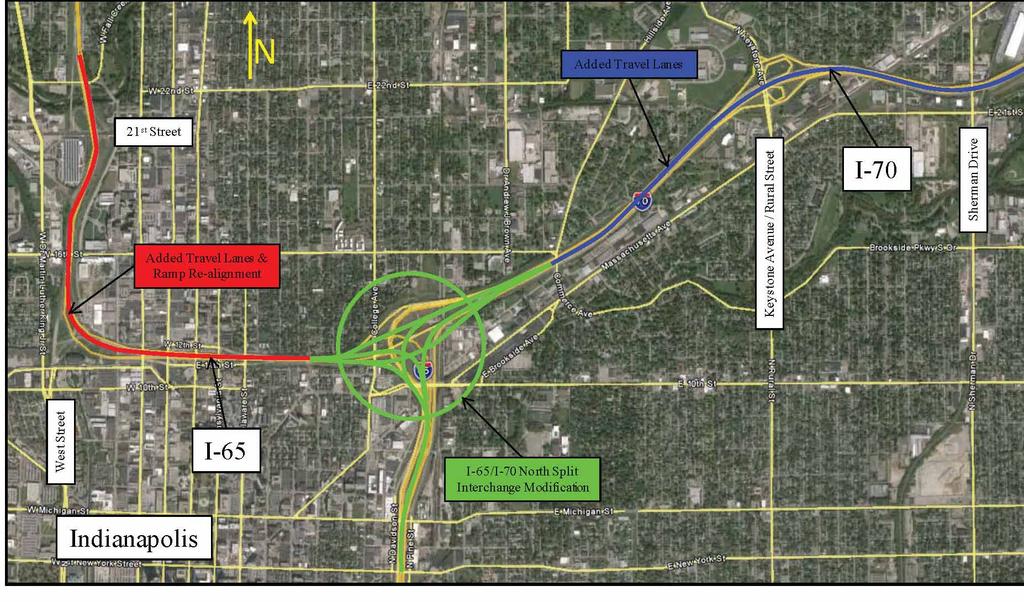 The INDOT overall project is separated into three sections as shown in the location maps*: I-65/70 North Junction bounded by Vermont Street,