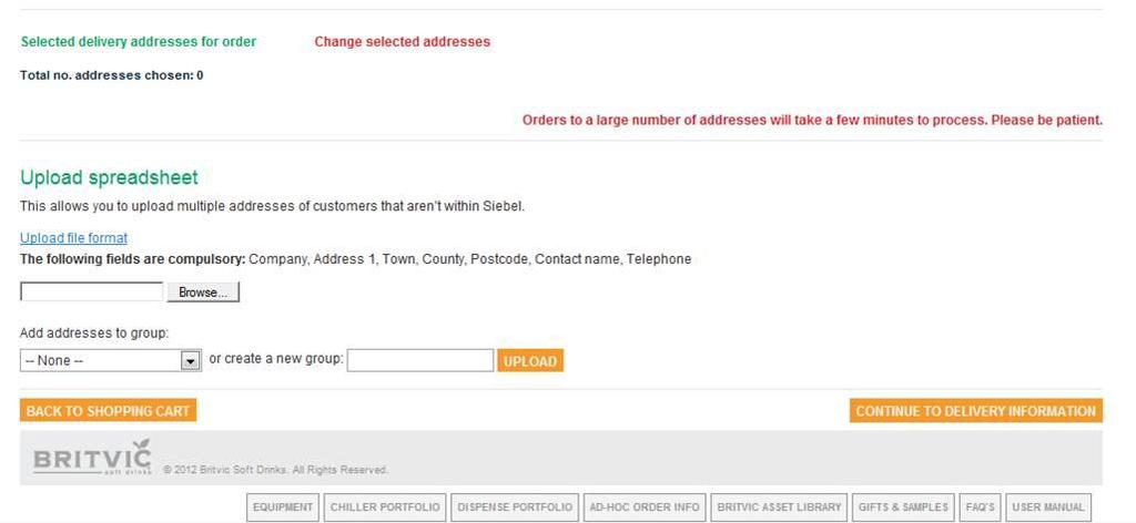 9 Delivery to a Large Number of Addresses If you wish to make a delivery of items to a large number of addresses, you can upload a spreadsheet of addresses to Made4Trade.