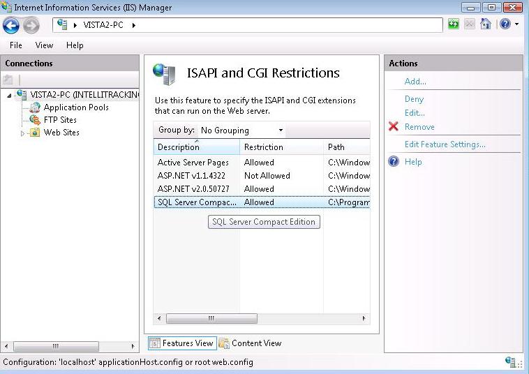 Quick Start Guide If it exists, double-click to open the Edit ISAPI or CGI Restriction dialog and make sure that the ISAPI or CGI path is pointing to the correct sqlcesa35.dll.