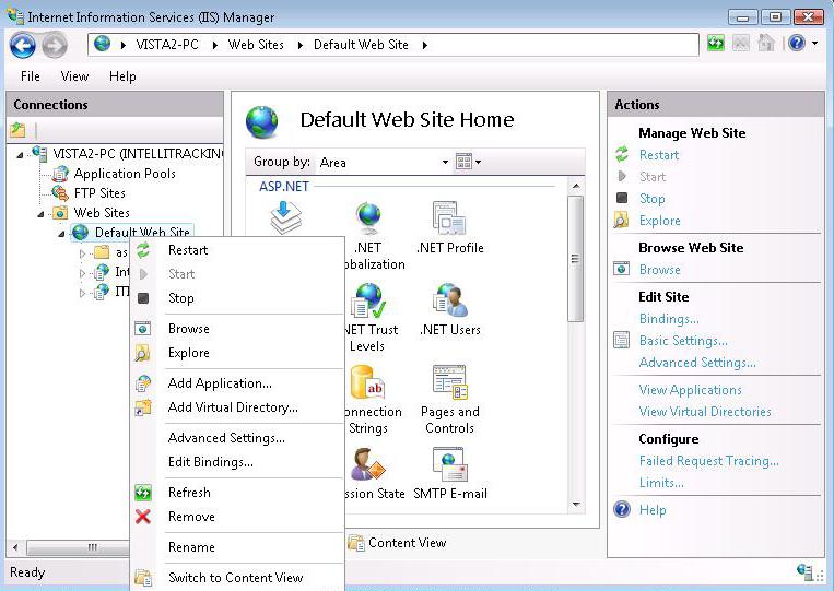 IntelliTrack DMS v8.1 18. In the left pane of the window, right-click on the Default Website node; a right-click menu appears. Select Restart from the right-click menu.