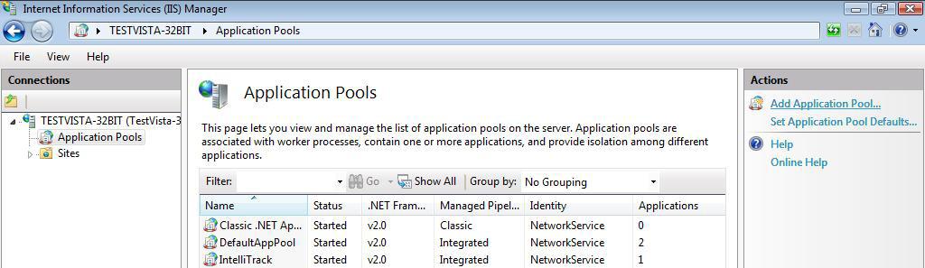 3. The Application Pools appear in the window; select the Intellitrack Application pool.