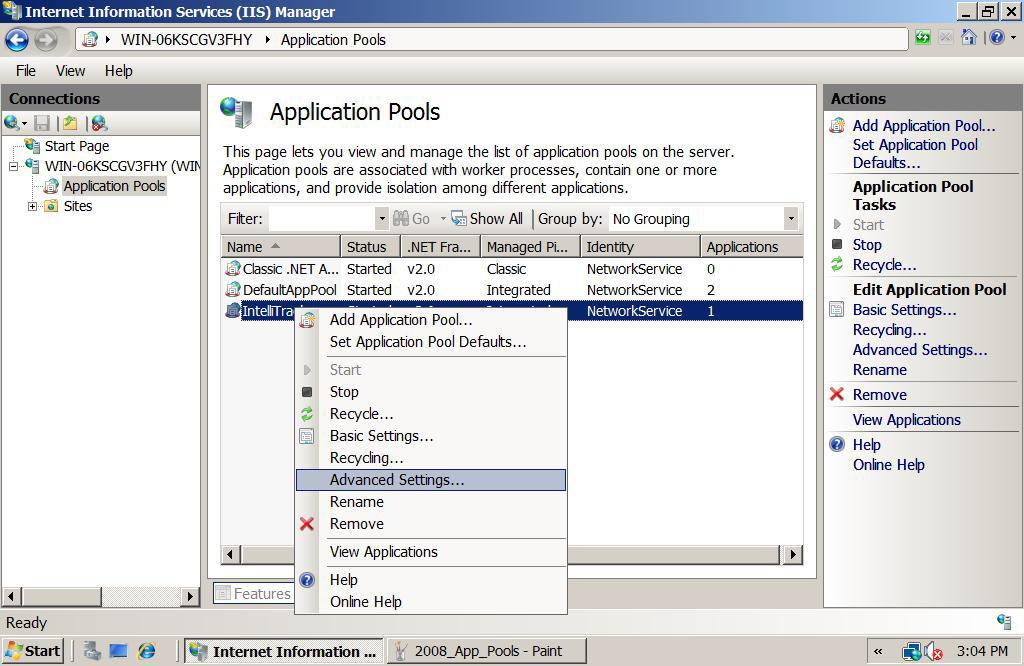 Click OK to close the dialog and return to the IIS Manager. The Intelli- Track application pool is now part of the list.