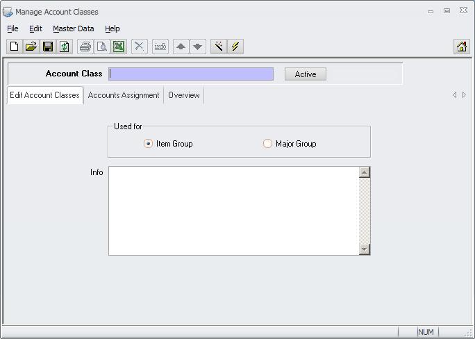 Go to Master Data > : On this first screen the user can search for existing account classes or define the name for a