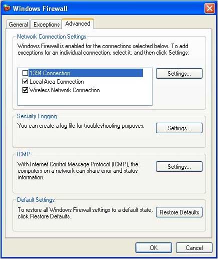 Setting of the firewall can be done in the [Windows Firewall] in the Control Panel. First, select the [General] tab. Select the <Enable> button to enable the firewall.