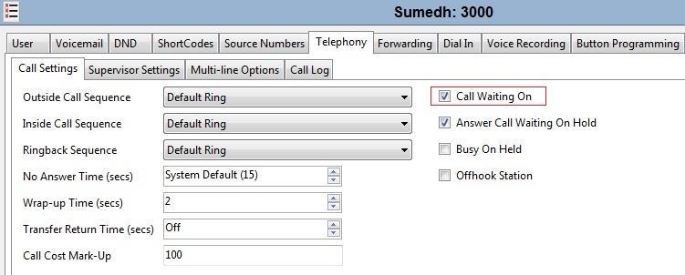 To turn on Call Waiting, navigate to Telephony Call Settings. Check the Call Waiting On box. Next Select the SIP tab (not shown) in the Details Pane.