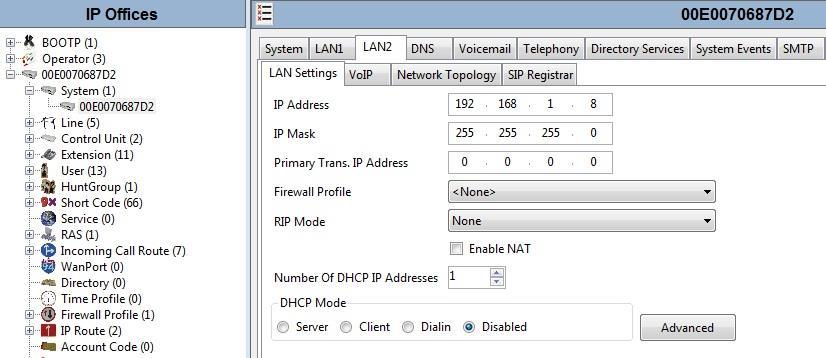 LAN2 Settings In the sample configuration, the LAN2 port was used to connect the Avaya IP Office to the network SBC.