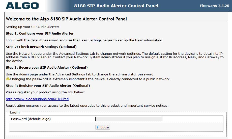 6. Configure Algo 8180 SIP Audio Alerter This section provides the procedures for configuring Algo 8180 SIP Audio Alerter.