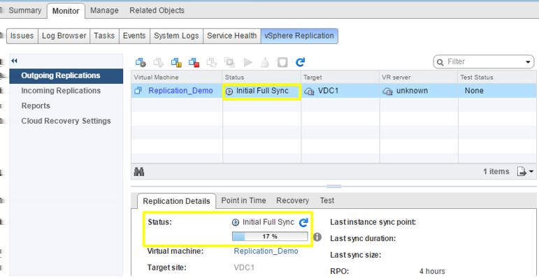 Chapter 5 Configure Virtual Machine Replication to Cloud Note You can see the progress of the Initial Full Sync on the Replication Details tab at the bottom of the Monitor tab page.
