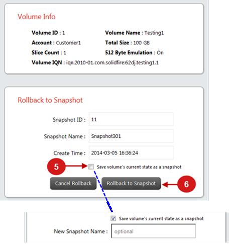 The Rollback to Snapshot window displays with the snapshot information fields pre-filled. 5.