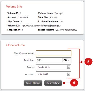 Information about other snapshots of the volume will also be stored in the new volume. Procedure 1. Click the Volumes tab. 2. Click Snapshots. 3.