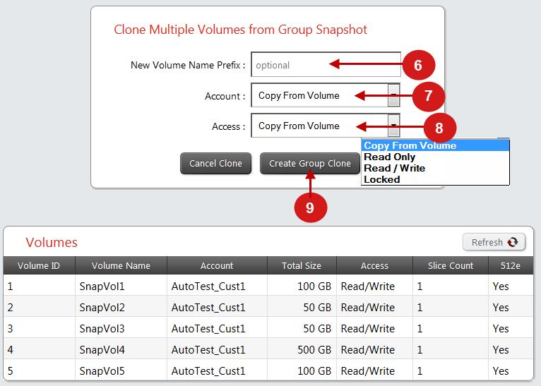 Volumes 6. Enter a New Volume Name Prefix. This prefix will be applied to all volumes created from the group snapshot. 7. (Optional) Select a different account to which the clones will belong.