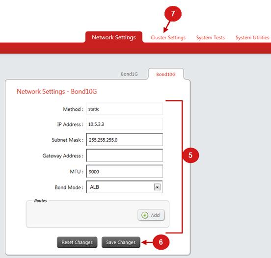 Configuring a SolidFire Node 4. Click Bond10G to display the settings for the 10G network settings. 5. Enter the 10G network settings. 6. Click Save Changes. 7.
