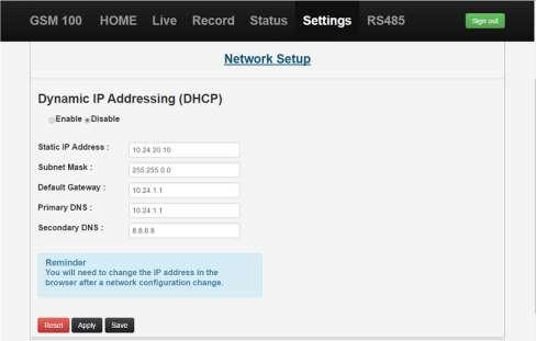 Figure 6 To set a static IP address first Disable DHCP and then configure the fields.