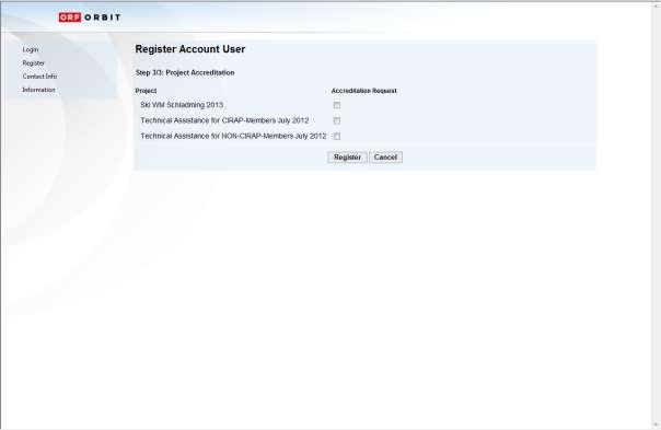 The following form will open Step 3/3 Project accreditation Please check the box(es) next to the