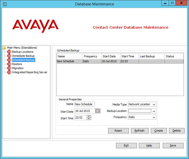 Scheduling a backup of the Contact Center server databases Procedure 1. On the Apps screen, in the Avaya section, select Database Maintenance. 2.