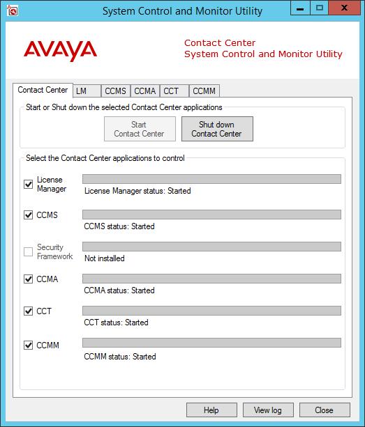 Verifying the Contact Center services are started Procedure 1. Log on to the Avaya Contact Center Select server. 2. On the Apps screen, in the Avaya section, select System Control and Monitor Utility.