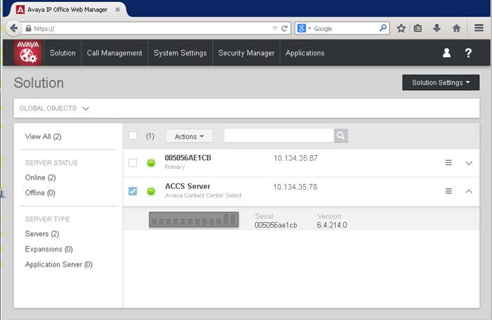 Checking the Contact Center License Manager real time usage 5. Log on to IP Office Web Manager and locate the ACCS server in the Solution pane.