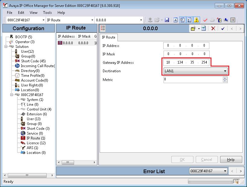 Configuring the SIP domain name 8. From the Destination list, select the network interface that IP Office uses for local communication. For example, select LAN1. 9. Click OK.