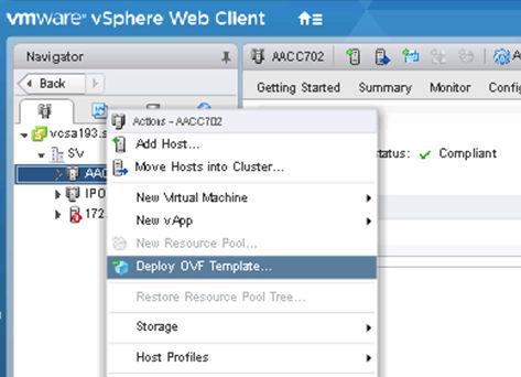 Deploying the Avaya Aura Media Server OVA using vsphere web client Procedure 1. In your vsphere web client, right-click in the Navigator pane and select Deploy OVF Template. 2.