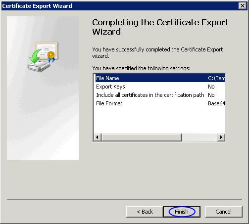 Click the Finish button to export the certificate.