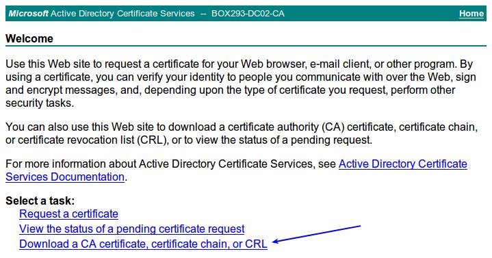 Method 2) CA Server Web Interface If the CA server publishes the Certificate Services web page you can download the CA certificate from this page.