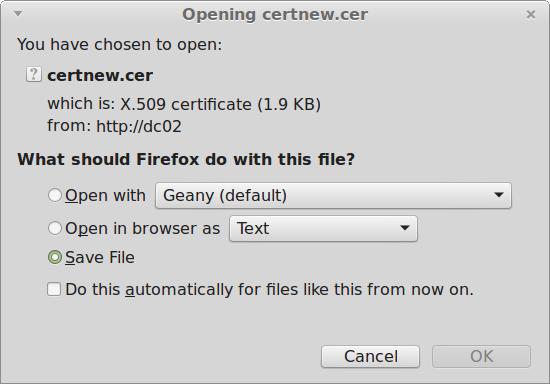 You will be prompted by your web browser to save the file, it should be named certnew.cer. This will vary depending on the web browser you are using.