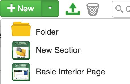 Creating a New Page or Section page 15 Creating a New Page 1. To create a new page, select Basic Interior Page from the green New drop down list. 2. Enter a descriptive page title (e.g. Clubs and Activities).