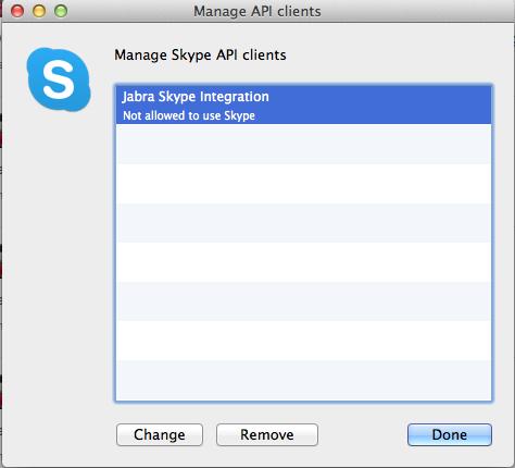 2. The Manage API clients window will open. This window lists all of the programs that have access to Skype.