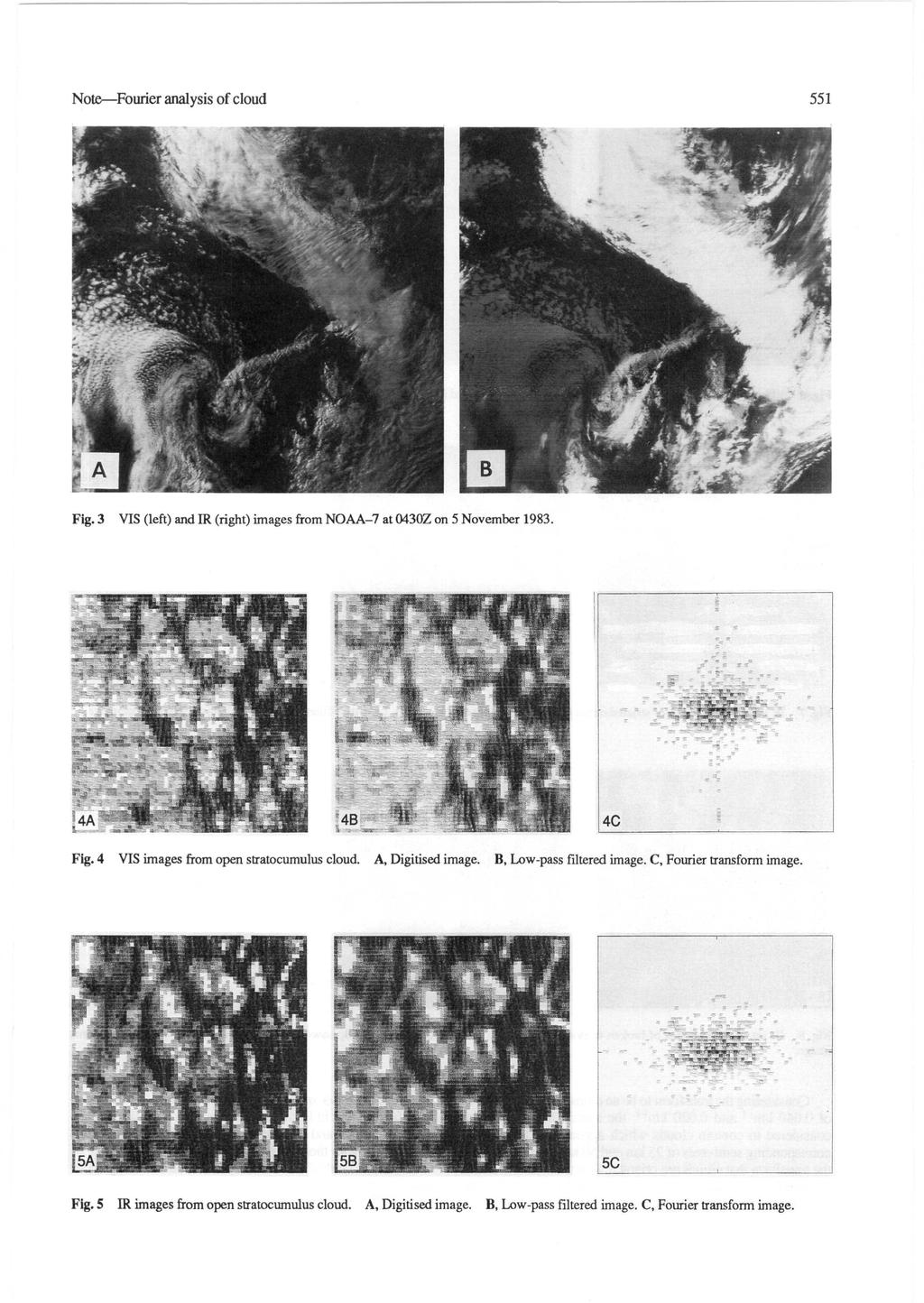 Note Fourier analysis of cloud 551 Fig. 3 VIS (left) and IR (right) images from NOAA-7 at 0430Z on 5 November 1983. Fig. 4 VIS images from open stratocumulus cloud.