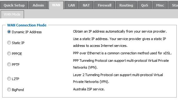 3.4 WAN 3.4.1 WAN Connection Mode Select properly Internet Connection type.