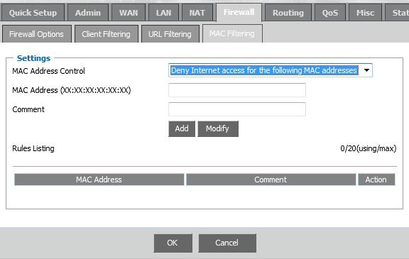 3.7.4 MAC Filtering The MAC address filter enables you to allow or restrict specified