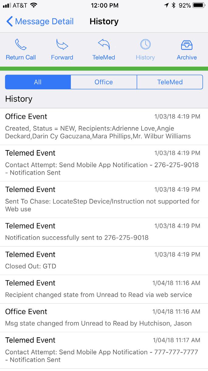 Message History and Event Types The history tab describes interactions with a particular message. TeleMed refers to interactions with messages as Message Events.